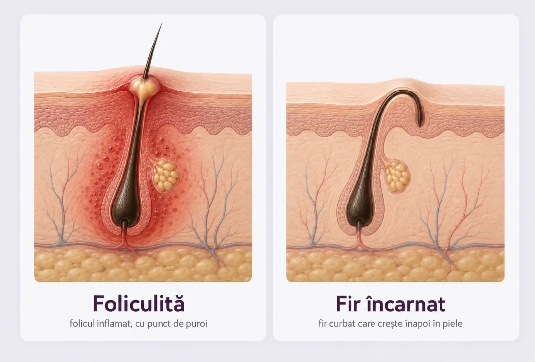 Diferența dintre foliculită și firele de păr încarnate după epilare