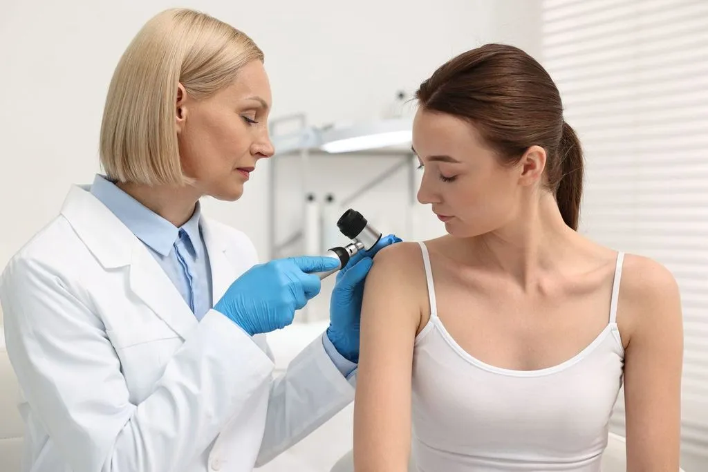 persoana in timpul unui control dermatologic al pielii
